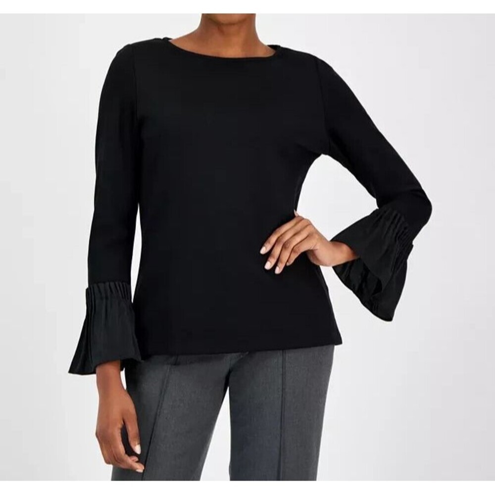 Anne Klein Women's Serenity Boat-Neck Long-Sleeve Flare cuffs Top Deep Black XXS